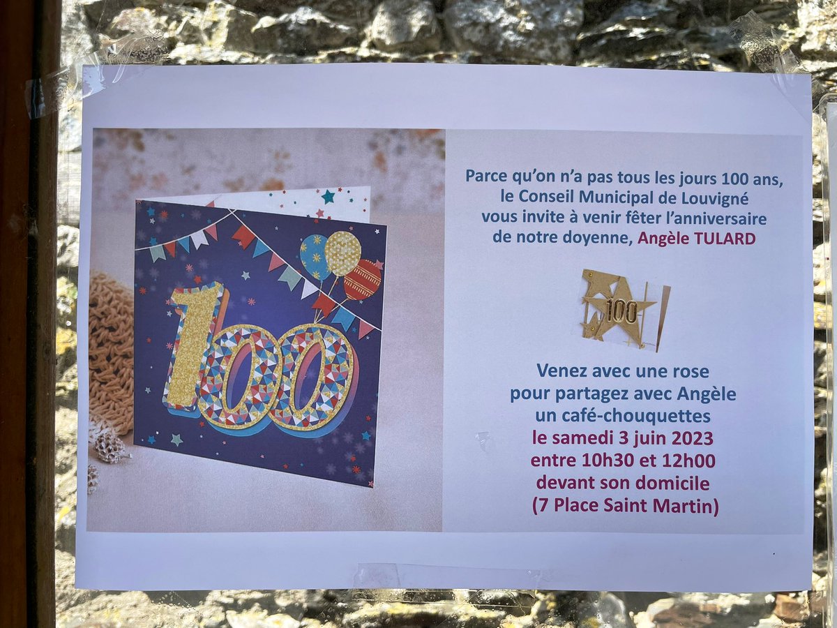 🎂 Heureux anniversaire Mme Angèle Tulard ! 
Rayonnante pour fêter ses 💯 ans.
Toute la commune de Louvigné s’est donnée rdv ce matin pour ce moment unique. 
4 générations d’une même famille, voisins, amis, élus réunis pour honorer un siècle d’une vie. En route pour les 101 ans !