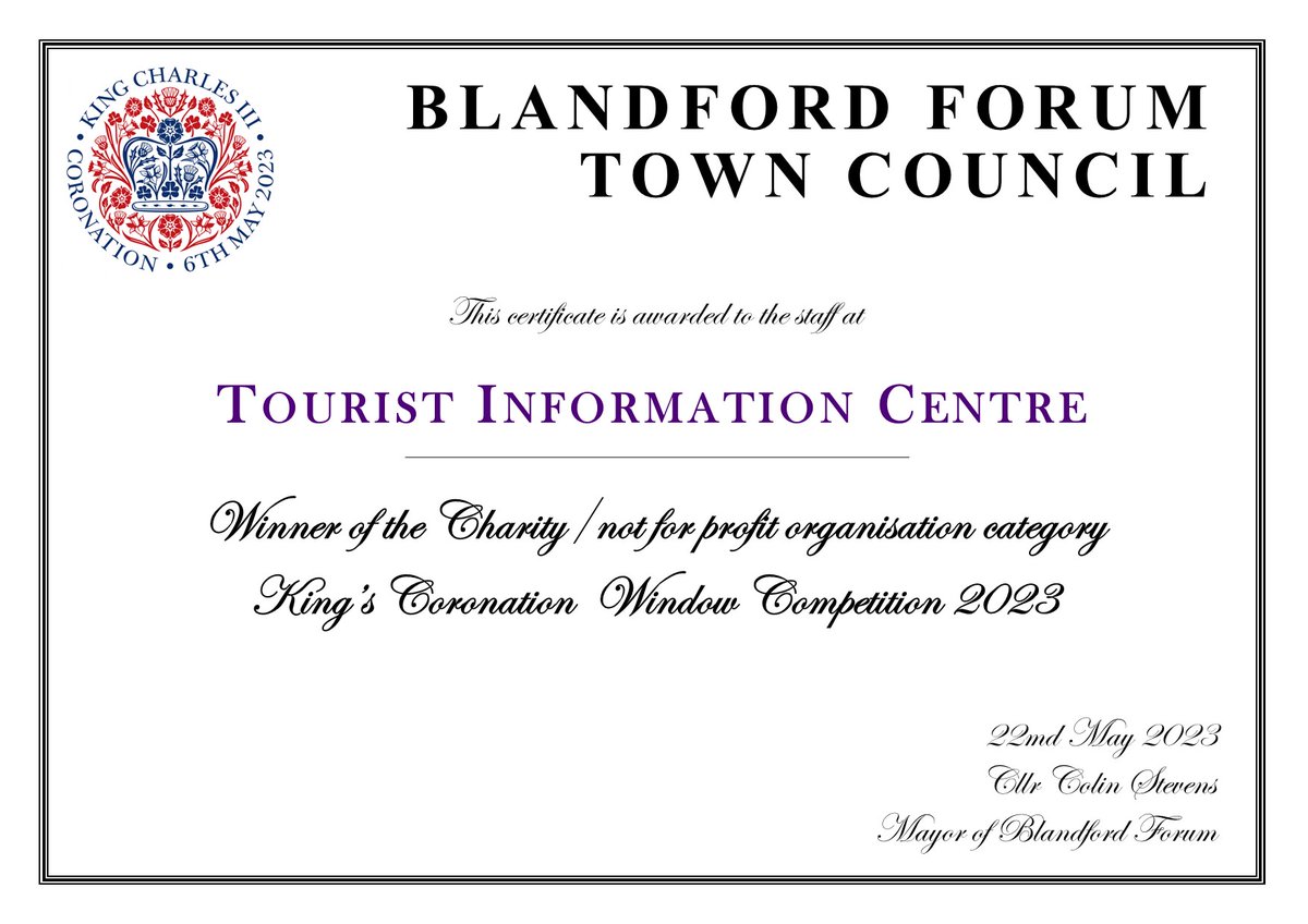 Well done to our wonderful team of office volunteers – especially those who keep our window displays fresh and interesting! Blandford Information Centre has received a certificate from the Town Council to mark our win in the charity category of the Coronation Window competition.