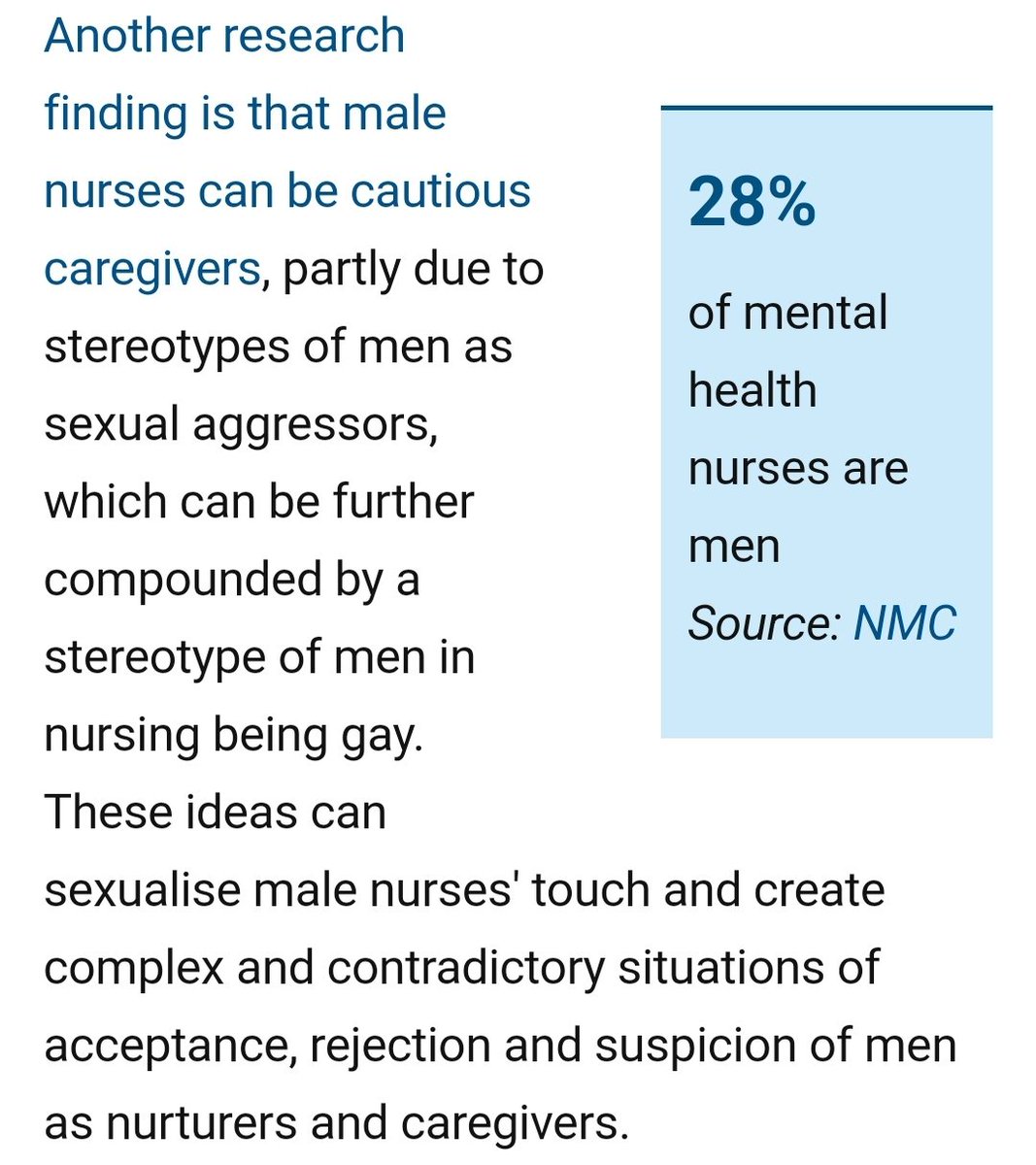 This article is a bit more balanced than most on the subject of #MenInNursing - it talks about men as caring.

But once again, it plays up the idea that men are unfairly seen as aggressors. This isn't about men - it's about women's safety.

1/3 of women are victims/survivors of