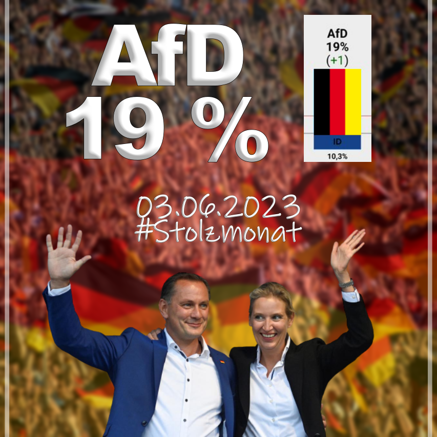 HeimatliebeDE's tweet photo. AfD auf 19 %! 🥳
Ich bin so stolz. Die AfD ist nicht mehr aufzuhalten.

#Stolzmonat eskaliert. https://t.co/T9yKgyjvUN