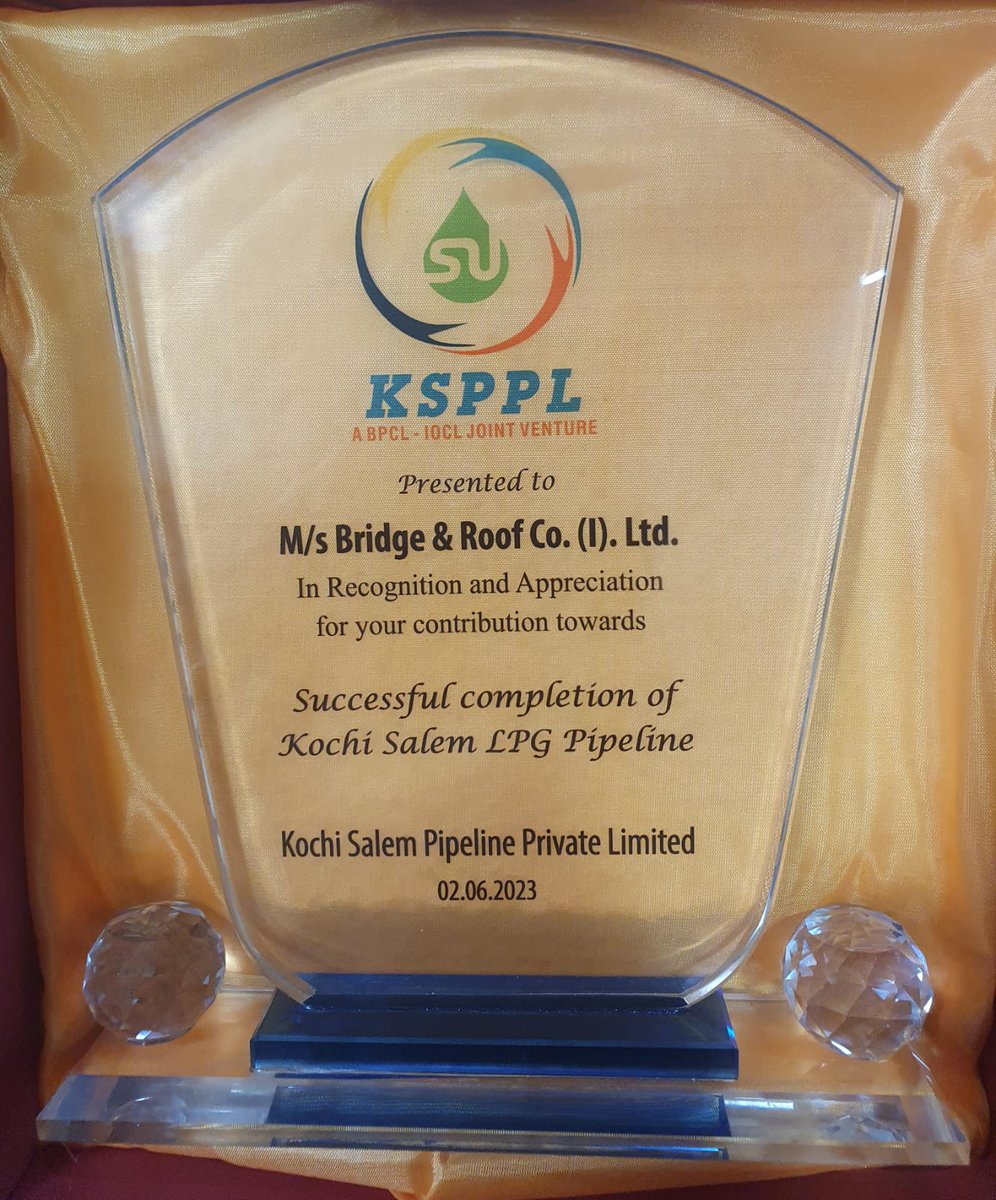 Recognition and Appreciation for successful completion of Kochi Salem LPG Pipeline by B AND R