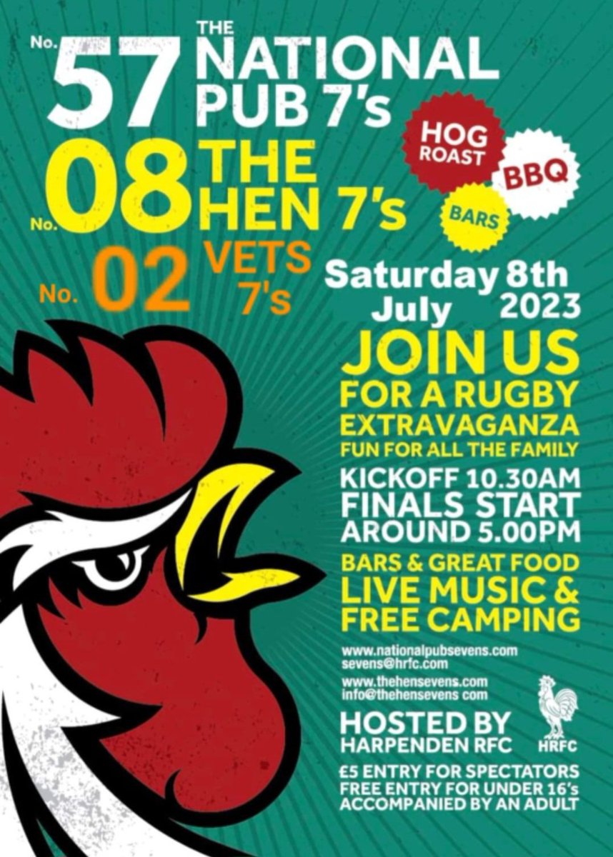 WITNESS 40+ year old 7s Rugby Socialising at it's FINEST! 
Join us in the VETS VILLAGE for some outrageous Boasting and a few light ales! 
8TH JULY ONWARDS
@StAlbansRFC @verulamiansrfc @RugbyBerko @HarpendenRUFC attempt to win the Big Metal Chicken made by Stephen Quinn!