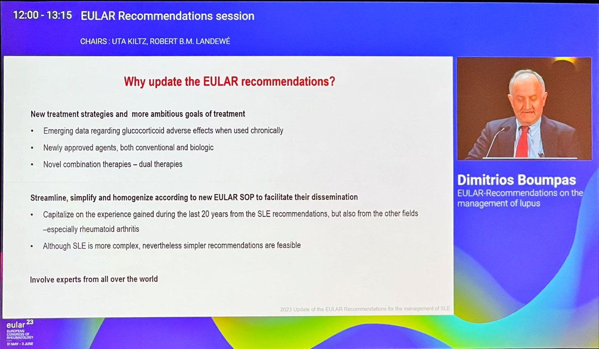 drdavidliew's tweet photo. New 2023 @eular_org SLE recommendations

Key changes, in response to evidence:
- more caution re: steroids
- biologics earlier
- combo therapy (BEL or CNI/VCS) considered for lupus nephritis
#EULAR2023 @RheumNow https://t.co/J3Lp8owRyT