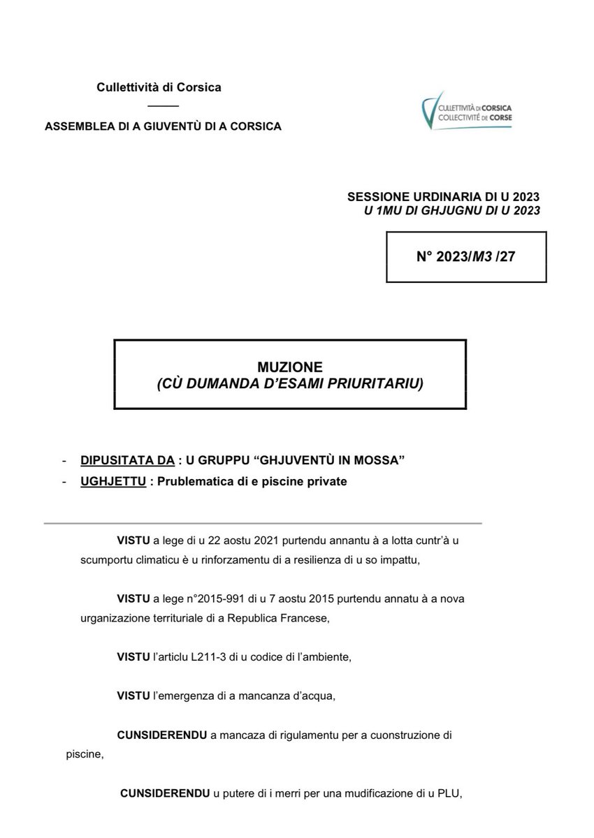 GiuventuInMossa's tweet photo. Notre groupe portait lors de la dernière session de l’Assemblea di a ghjuventù, par la voix de Romain Martelli, une motion relative à la réglementation des piscines privées. Cette motion a été adoptée. ⤵️ https://t.co/204EaSsndA