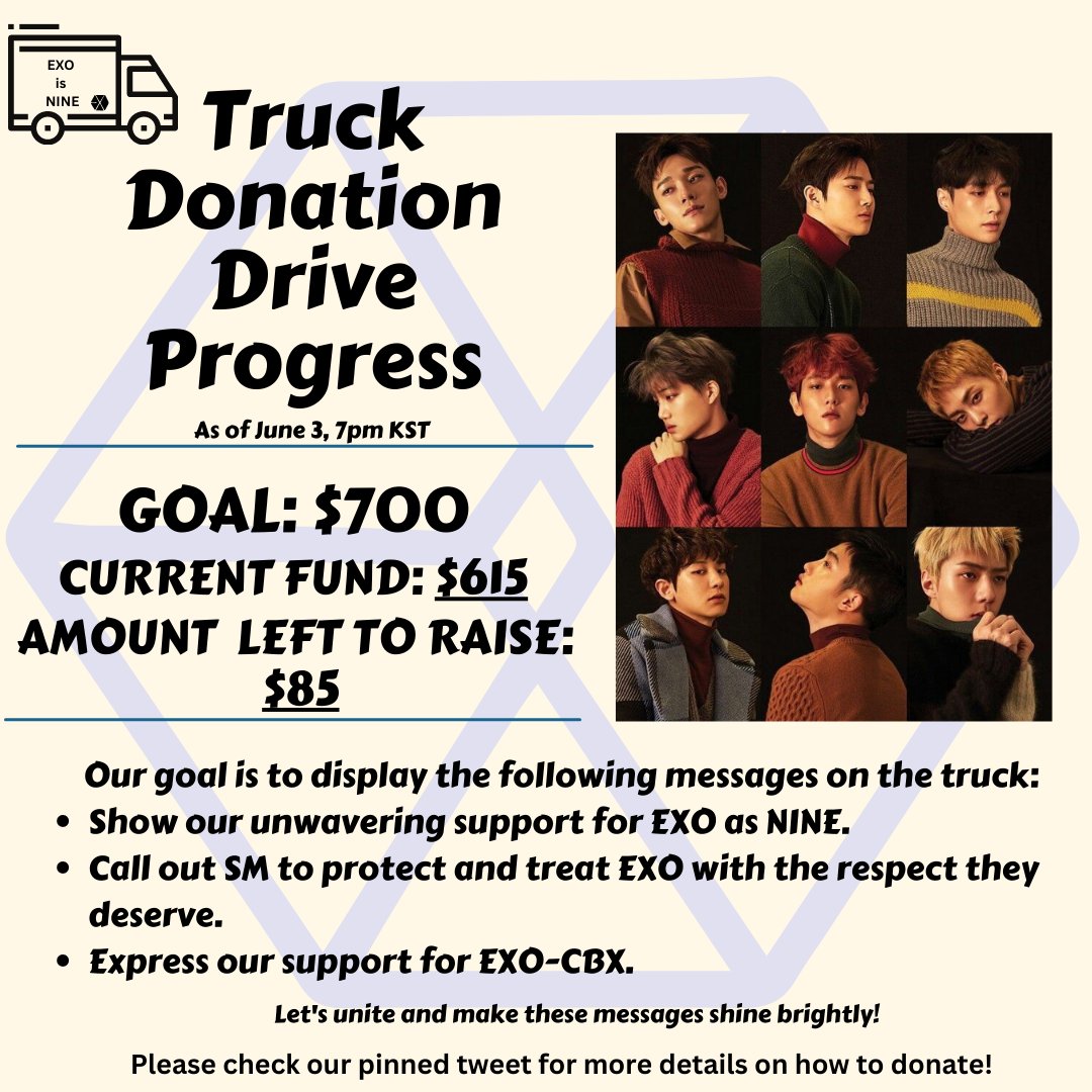 ATTENTION EXO-Ls! 

Donation Progress: $615

We're thrilled to announce that we are just $85 away from reaching our goal! Your unwavering support has brought us this far, and together, we can accomplish even more!

Lights Up for EXO
#엑소랑_함께_걸어가는_엑소엘
#첸백시_응원합니다