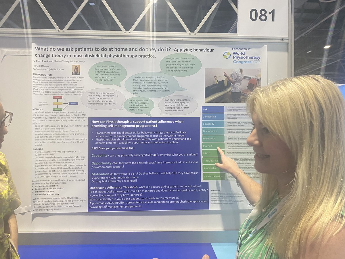 GillRphysio's tweet image. Presenting my poster today @ #WorldPhysio2023 
Great to meet lots of people from across the globe to talk about behaviour change and adherence to
Self management in physiotherapy 😊 @researchphysio @DrRachelTarling @UoS_HealthSoc @UoS_Physio