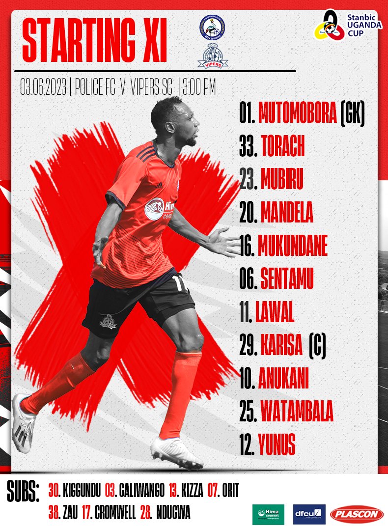 📋 | 𝐋𝐈𝐍𝐄𝐔𝐏 𝐂𝐎𝐍𝐅𝐈𝐑𝐌𝐄𝐃 ✅

Here is how we lineup this afternoon for our game against Police FC in the #StanbicUgandaCup Final!!! 

#VenomsUpdates | #OneTeamOneDream | #RoadToLira