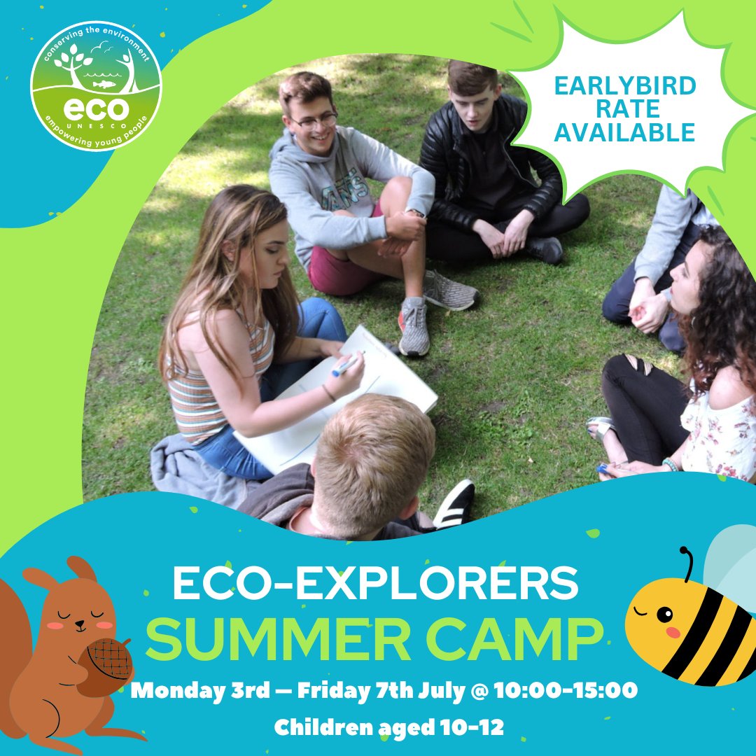 📣 The exciting ECO-Explorers Summer Camp for Children aged 10-12 is coming up in June!

All activities allow children to eplore key environmental issues in a fun, creative and informative way.  Monday 3rd – Friday 7th July
🔗 Find out more: ecounesco.ie/eco-explorer-s…