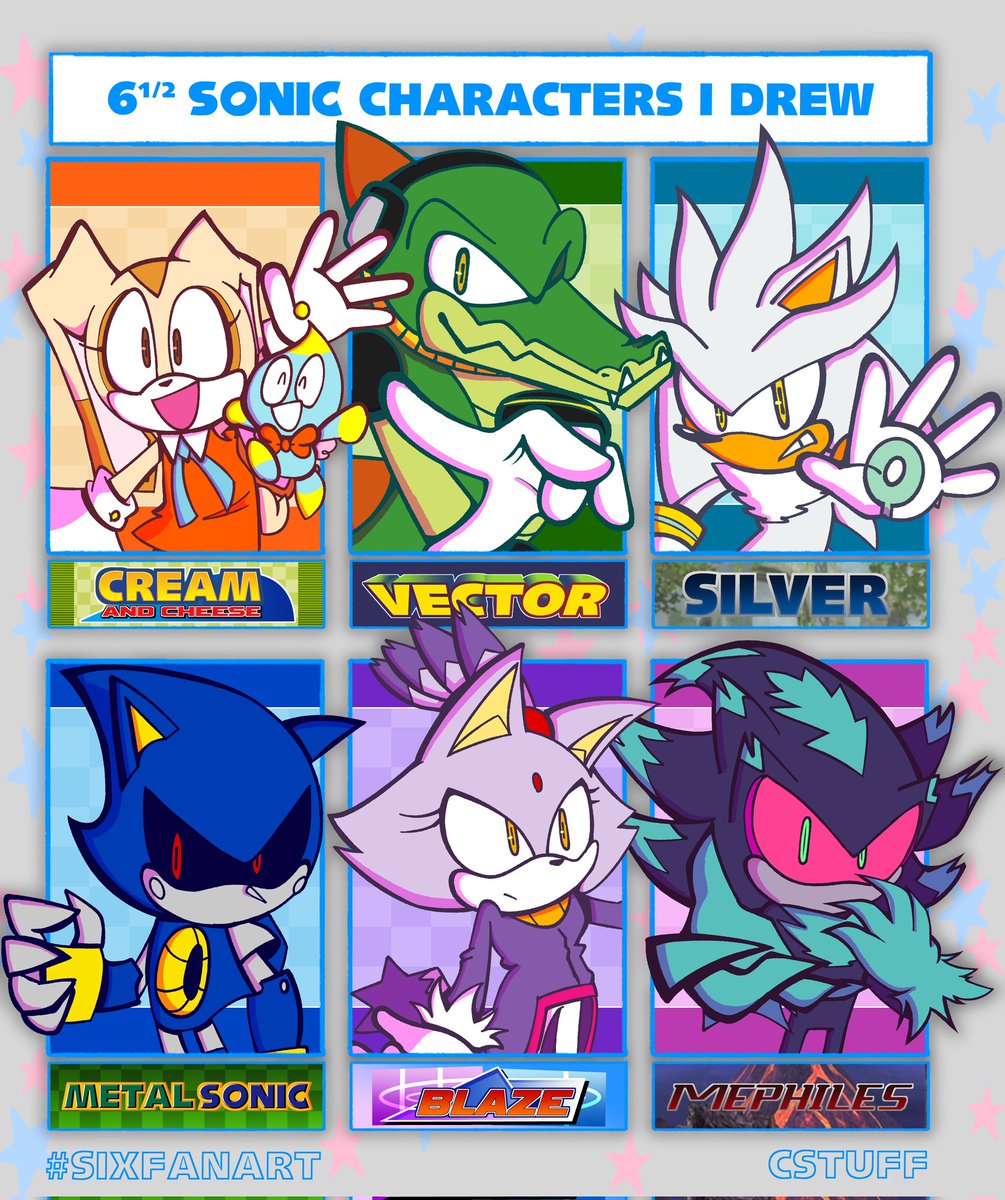 6 SONIC FANART

#SixFanarts #SonicTheHedeghog  #CreamtheRabbit #CheesetheChao #VectortheCrocodile #SilvertheHedgehog #MetalSonic #BlazetheCat #MephilesTheDark #Fanart #ArtistOnTwitter