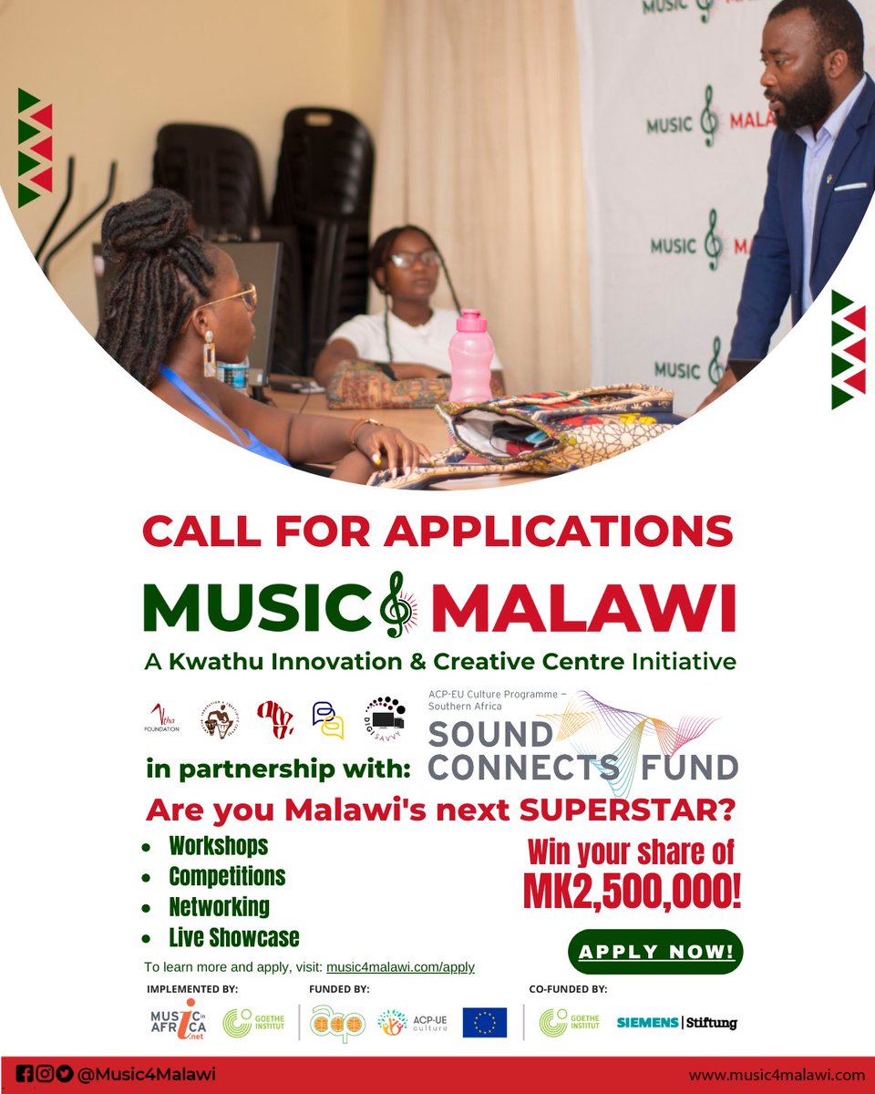 @Music4Malawi is a @KwathuCentre initiative for Malawian and Malawi-based creatives, operationalised by the @NthaFoundation. 

The 2023 cohort is funded by the #SoundConnectsFund, an initiative by @MusicInAfrica (MIAF) and @GoetheInstitut. 

Apply here: music4malawi.com/apply/