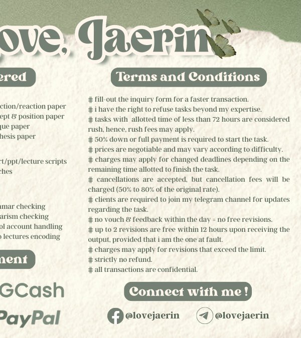 彡 you don't have to be alone in every field and meadow, come rest and i'll take care of tomorrow.🍃

i am jae and welcome to my green space!🪴

know me better by checking out my commsheet below. i hope to work with you soon! 

🧺 feedbacks: #lovejaerin
🧺 updates: #jaerindaily