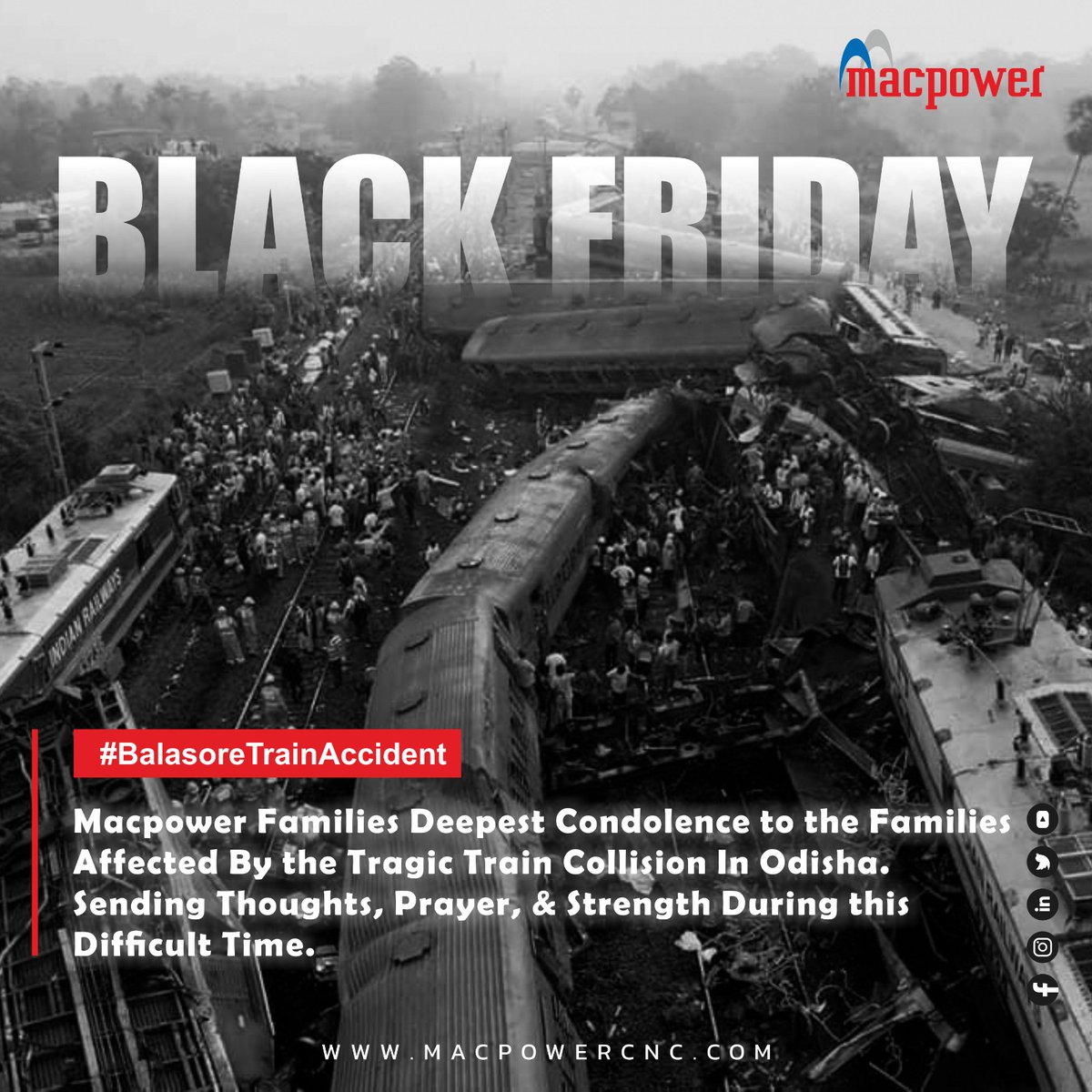 Macpower_CNC's tweet photo. "Macpower Families deepest condolences to the families affected by the tragic train collision in Odisha. Sending thoughts, prayers, and strength during this difficult time. 🙏
#gujarat #machine #VMC #MACHINETOOLS #indiamart #tooling #cnc #technology #OdishaTrainCollision https://t.co/BzufapyzMt