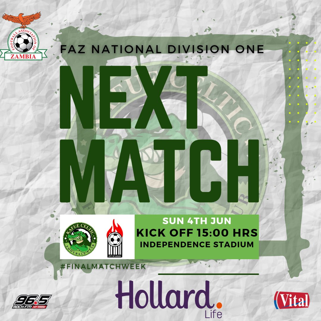 KafueCelticFC's tweet photo. 🚨🐊NEXT MATCH🐊🚨

🆚 City Of Lusaka FC
🏟️ Independence Stadium 
📅 4/6/2023 
🕒 15:00 HRS
📺 VEO

#DrinkVital💧
#RockWithTheCrocsOnRockFM🎶
#TheCrocs🐊
#HollardLife | #EnablingBetterFutures
#FinalMATCHWEEK https://t.co/FvTiOq1RUg