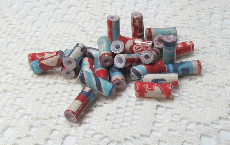 Paper Beads, Loose Handmade Jewelry Making Supplies Craft Supplies Tube Patriotic Words etsy.me/3OQ7JAH via @Etsy #thepaperbeadboutique #patrioticpaperbeads #handmadebeads #jewelrymakingbeads