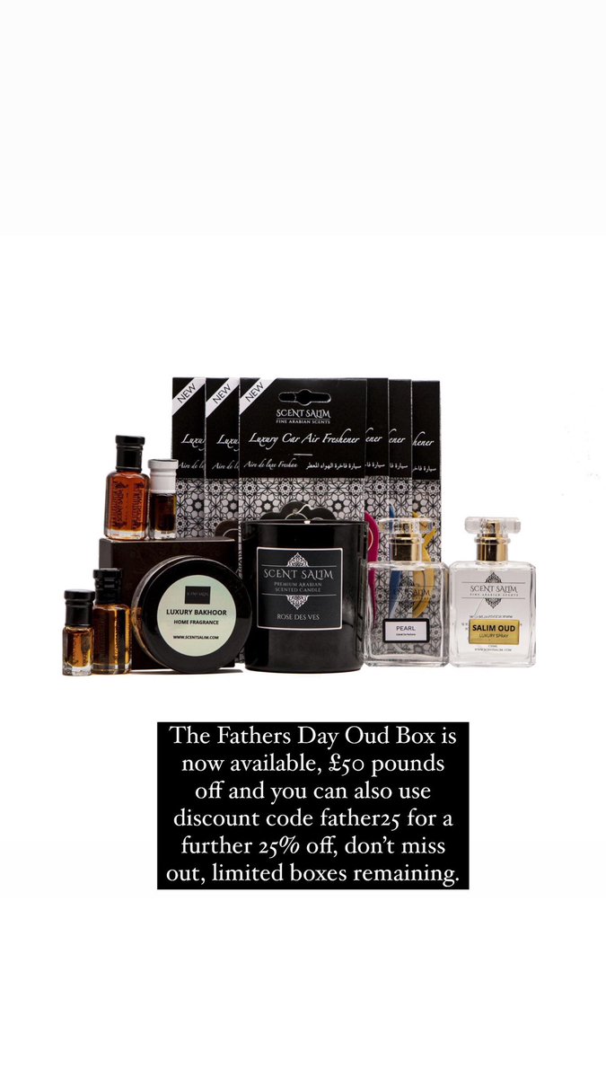 oudbyscentsalim's tweet photo. The Fathers Day Oud Box is now available, £50 pounds off and you can also use discount code father25 for a further 25% off, don’t miss out, limited boxes remaining. #fathersday #giftbox #oudgiftbox https://t.co/tRHOn3Liwb