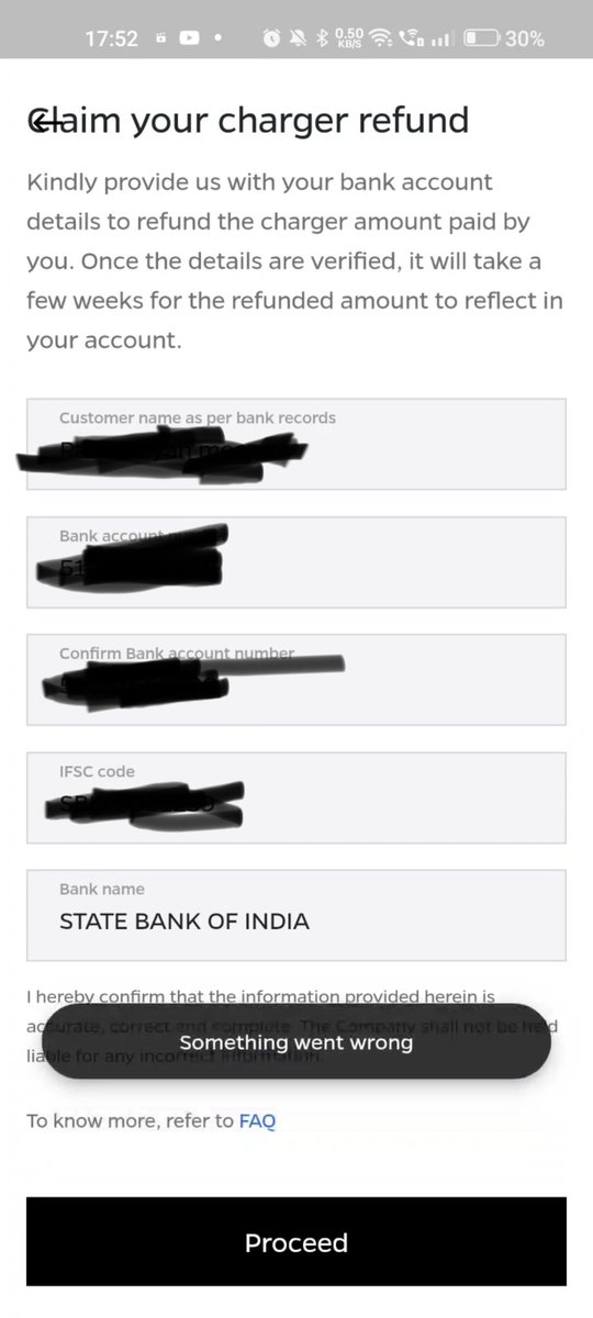 I am doesn't Clam charger refund.. After submit the account details it's show... (smoothing went wrong) please help Ola  @OlaElectric @bhash
