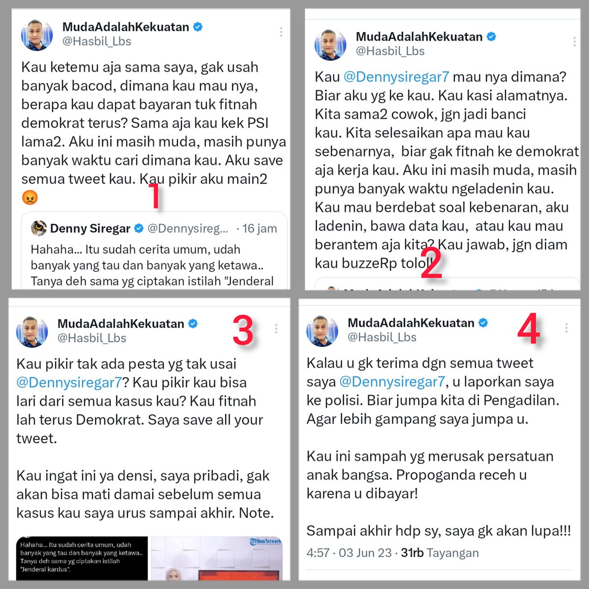 Ini lucu sappo... Makin membuktikan jika <a href="/Hasbil_Lbs/">Hasbil Mustaqim Lbs</a> ini cuma bencong, cuma besar mulut.
Dia awalnya ngamuk2 sm <a href="/Dennysiregar7/">Denny Siregar</a>, nuduh fitnah, nantang ketemu, mau dicari sampai ketemu, nantang berantem, tapi ujung2nya Denny yg disuruh lapor polisi.
Kader <a href="/PDemokrat/">Partai Demokrat</a> memalukan,