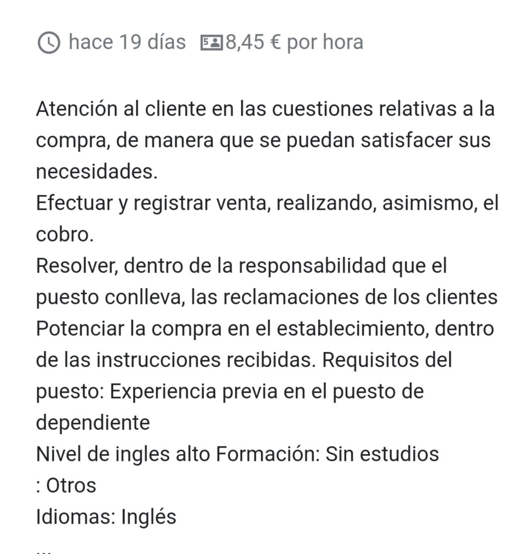 pirata_sabio's tweet photo. Oferta de trabajo: #dependienta de comercio. Formación exigida: ninguna

#Requisito: ALTO NIVEL DE INGLÉS

Pero ahora resulta que es elitista pedir que el Presidente del Gobierno hable inglés (o por lo menos, que haga el esfuerzo de intentar aprenderlo)

https://t.co/6C3QPSuoSB https://t.co/GV85yN84bC