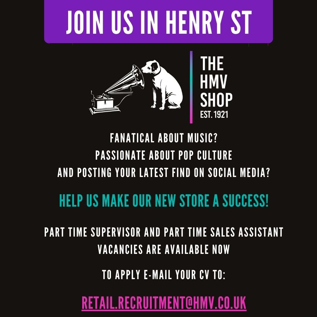 hmv_HenryStreet's tweet photo. Apply to work in our brand new hmv Henry St store! All music and pop culture fans are welcome.
#hmv #hmvhenryst #hmvireland #job #dublinjobs https://t.co/hI4juy6VJd