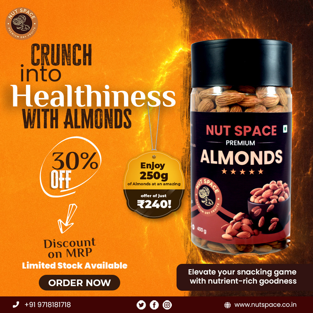 NutSpace_'s tweet image. Caption: "Crunch your way to a healthier you with our Almonds! 🥜💪 
Indulge in the goodness of nutrient-rich almonds at an amazing offer of ₹240 for 250g. 
Don't miss this incredible deal! 
.
.
.
#nutspace #HealthSnacks #Almonds #Nutrition #SpecialOffer #HealthyLiving