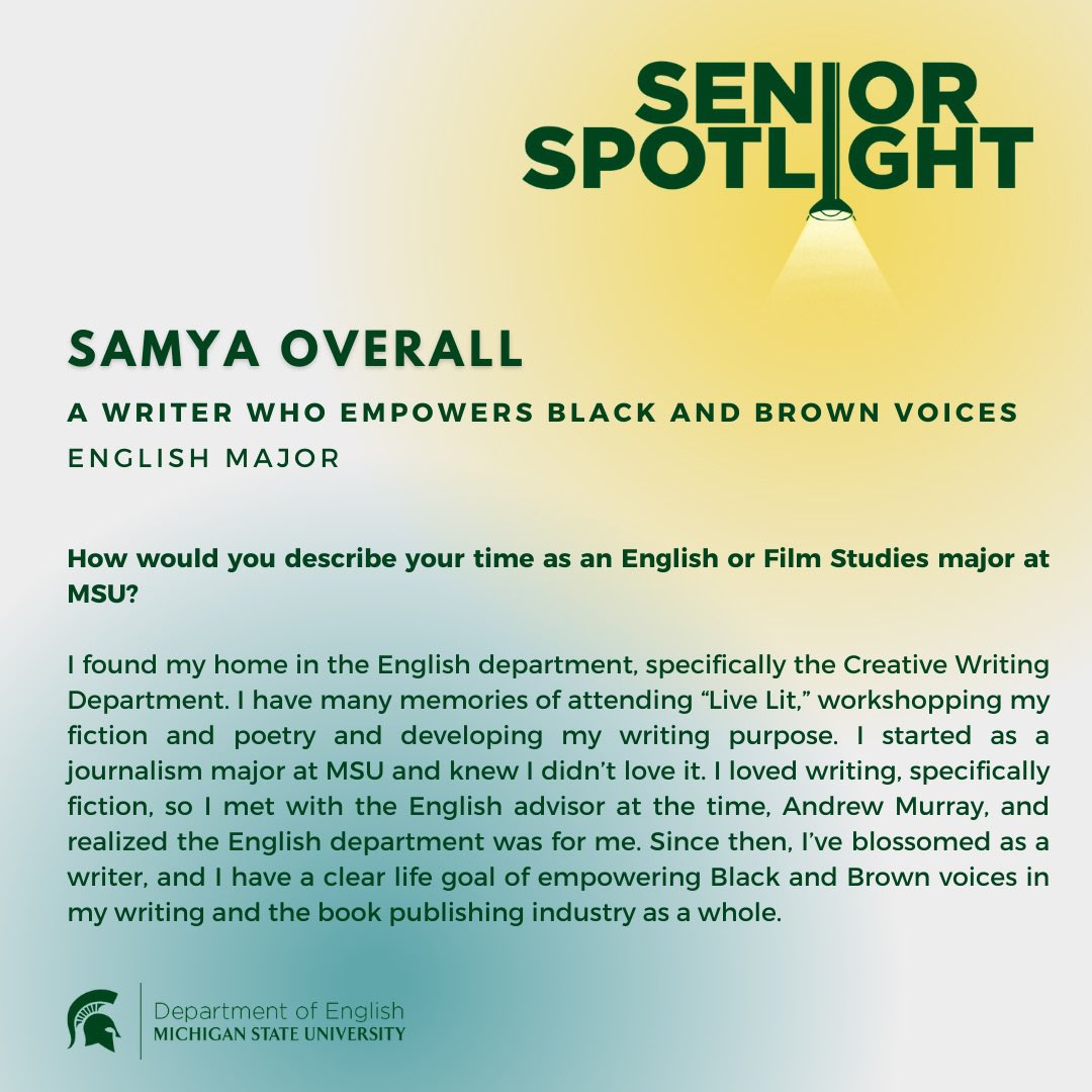 🌟 #SeniorSpotlight 🌟
Meet SaMya Overall (@SaMyaOverall), an exceptional senior with an unwavering passion for storytelling. 

She aspires to make a lasting impact in the field of communications before delving into the realm of book publishing.

Congratulations, SaMya, 🎉🎓