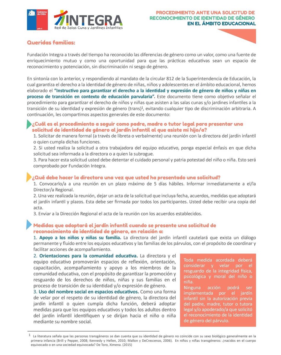 La @f_integra debe aclarar si esto es real.

Un niño en edad de párvulos no puede ser “trans”, No tiene ninguna noción desarrollada aún sobre la sexualidad. Sexualizarlos a esa edad es abuso infantil y debe ser denunciado. Un Estado que colabora en esto se hace cómplice.