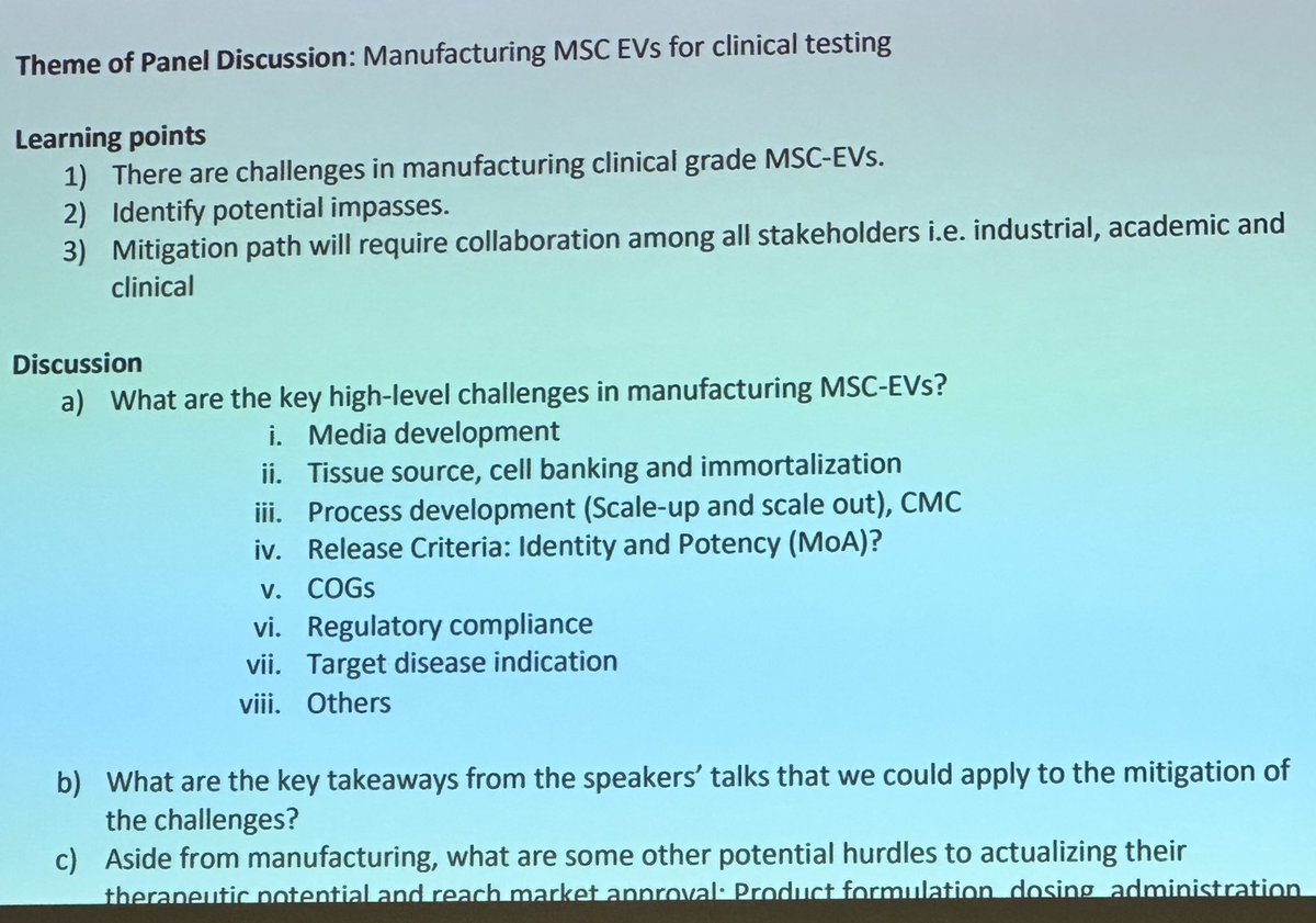 Panel discussion themes at the #ISCT23 EV translation event: some of the key questions in the field summarized here! #MSCs #ExtracellularVesicles <a href="/ISCTglobal/">ISCT</a> <a href="/IsevOrg/">ISEV</a>