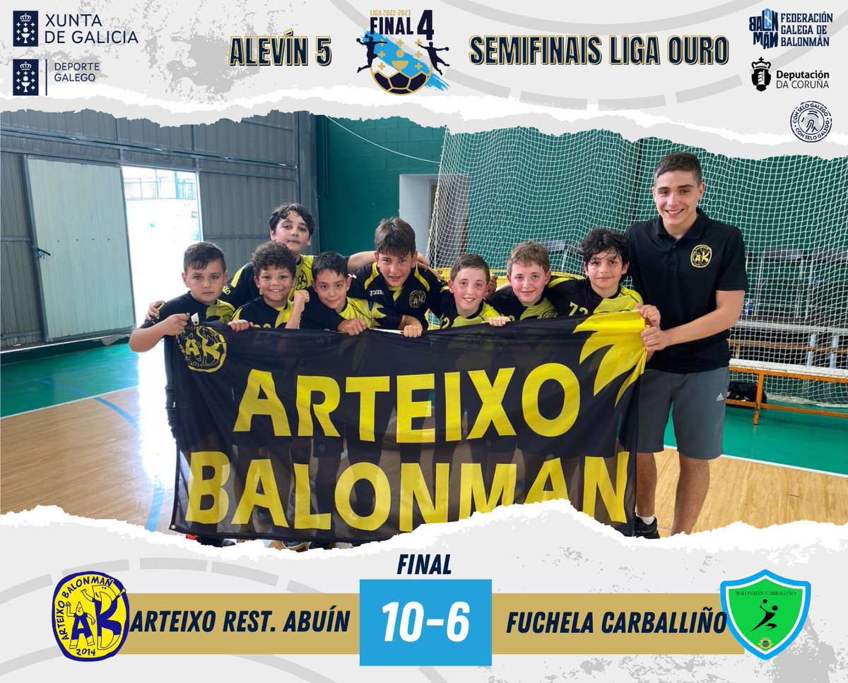 Fgabalonman's tweet photo. Xa temos finais alevins:

LIGA OURO
- 3º-4º POSTO: Fuchela Carballiño/Culleredo Mohever
- FINAL: Arteixo Restaurante Abuin/Calmear Rasoeiro

LIGA PRATA
- 3º-4º POSTO: https://t.co/4tPK0ghn85 Verde
- FINAL: Asmubal Meaño B/Pereiro CBm Miño 

Seguimos! https://t.co/fFbdSIZ0iS