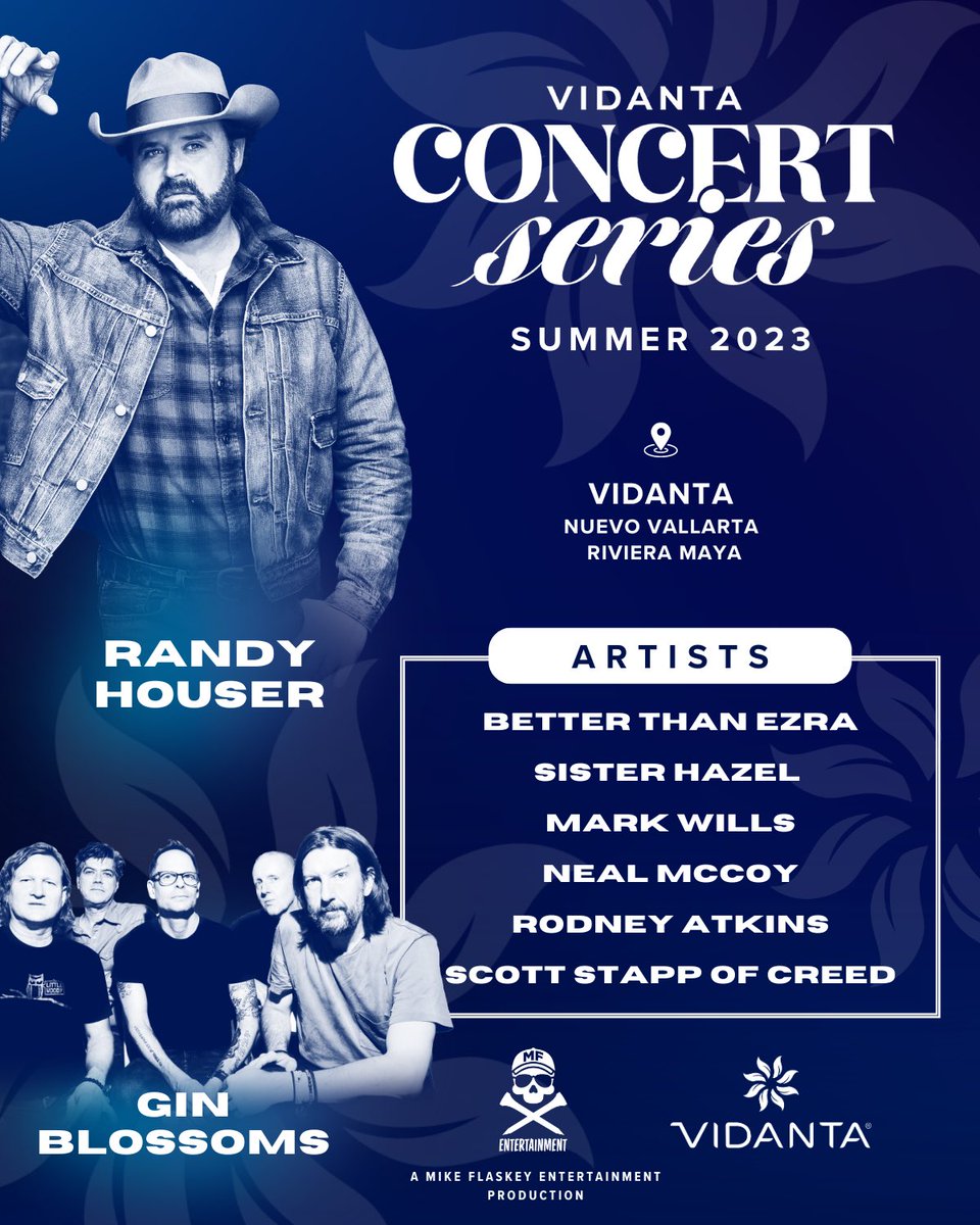 So proud of our team @MikeFlaskeyEnt! We are fired up to announce 18 more live shows this summer for the @Vidanta #ConcertSeries. @RandyHouser @ginblossoms @betterthanezra @ScottStapp @RodneyAtkins @MarkWillsMusic @NealMcCoy @SisterHazelBand A #MFEntertainment production!