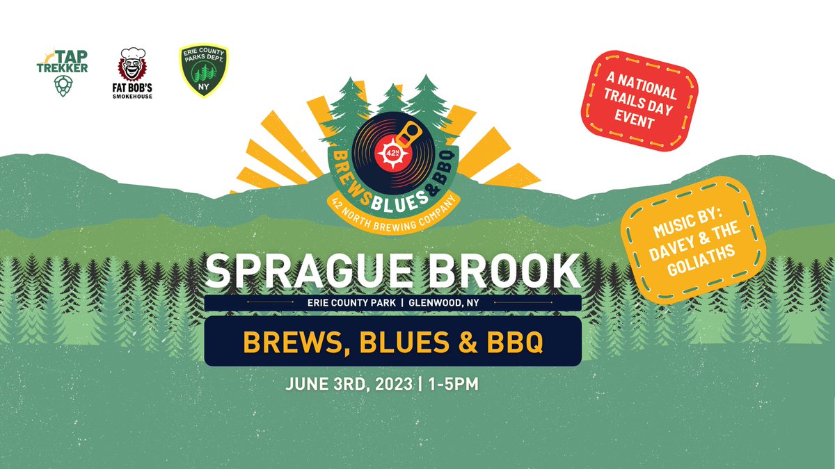 Today, from 1-5 PM, @ErieCountyParks' Sprague Brook Park in Glenwood will host Brews, Blues and BBQ with our partners @42northbrewing and @Fat_Bobs. Davey & The Goliaths will be playing the Blues for all. Come on out for a fun time! Learn more: www3.erie.gov/parks/events