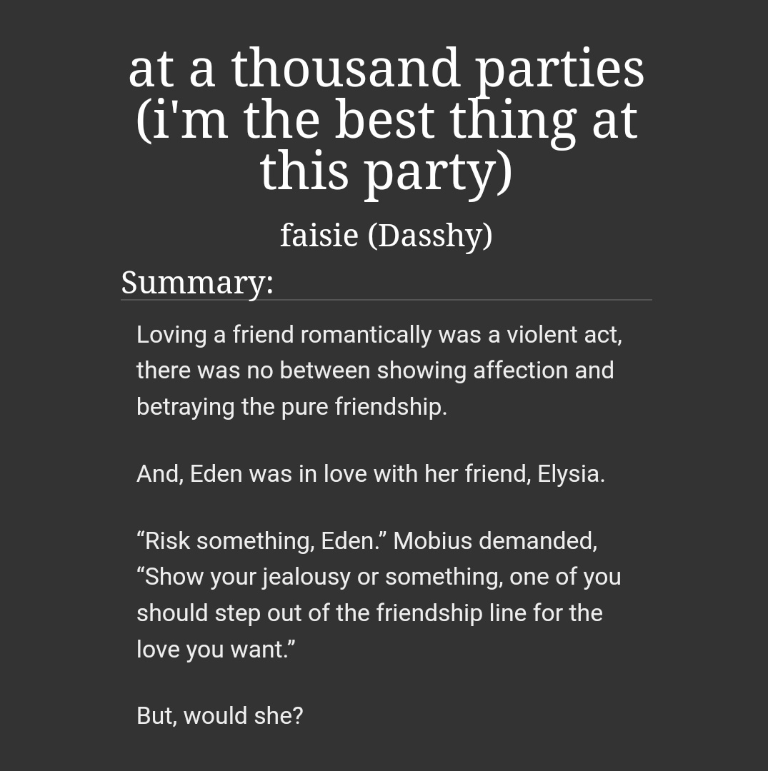 #elyeden [ at a thousand parties (I'm the best thing at this party) ]

Friends to lovers? They are in love, your honor.

🔗: archiveofourown.org/works/47621191