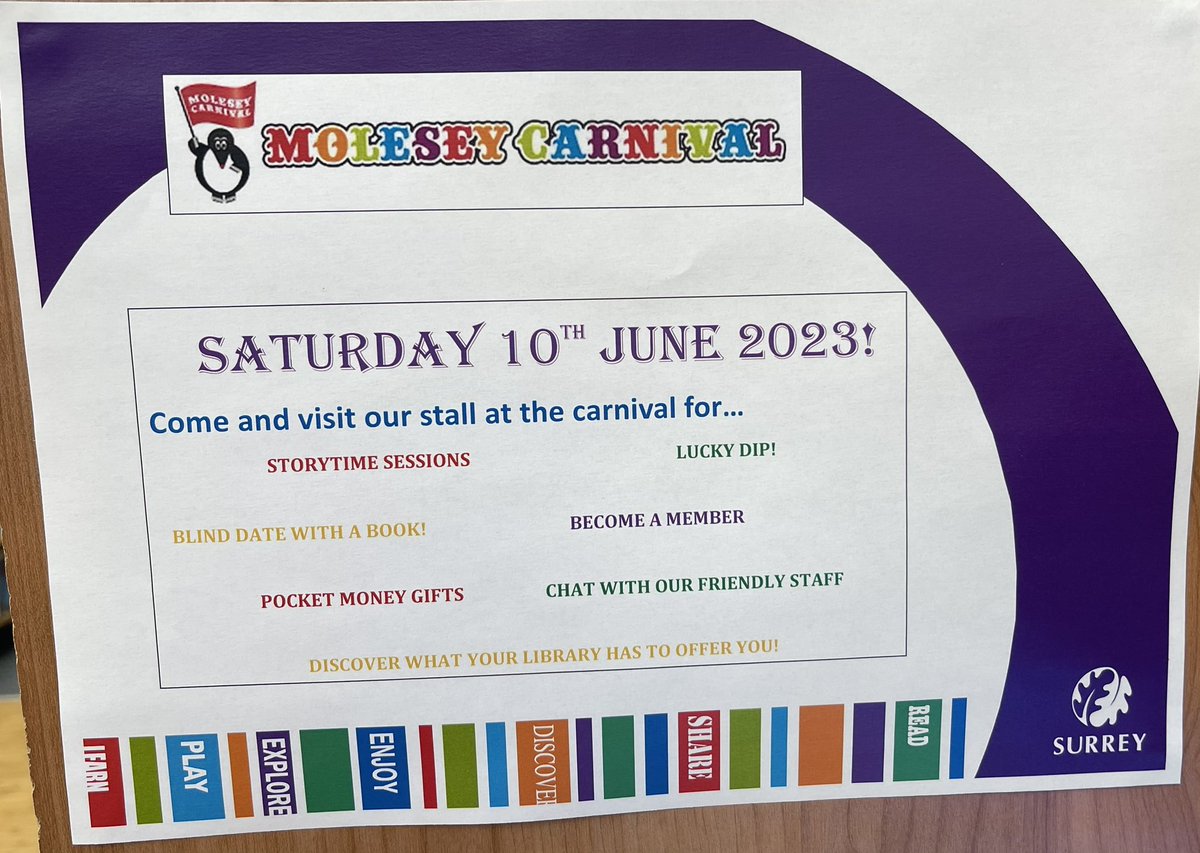 We will have a stall at the Molesey Carnival on Saturday 10 June! 😃📚🎉 @SurreyLibraries