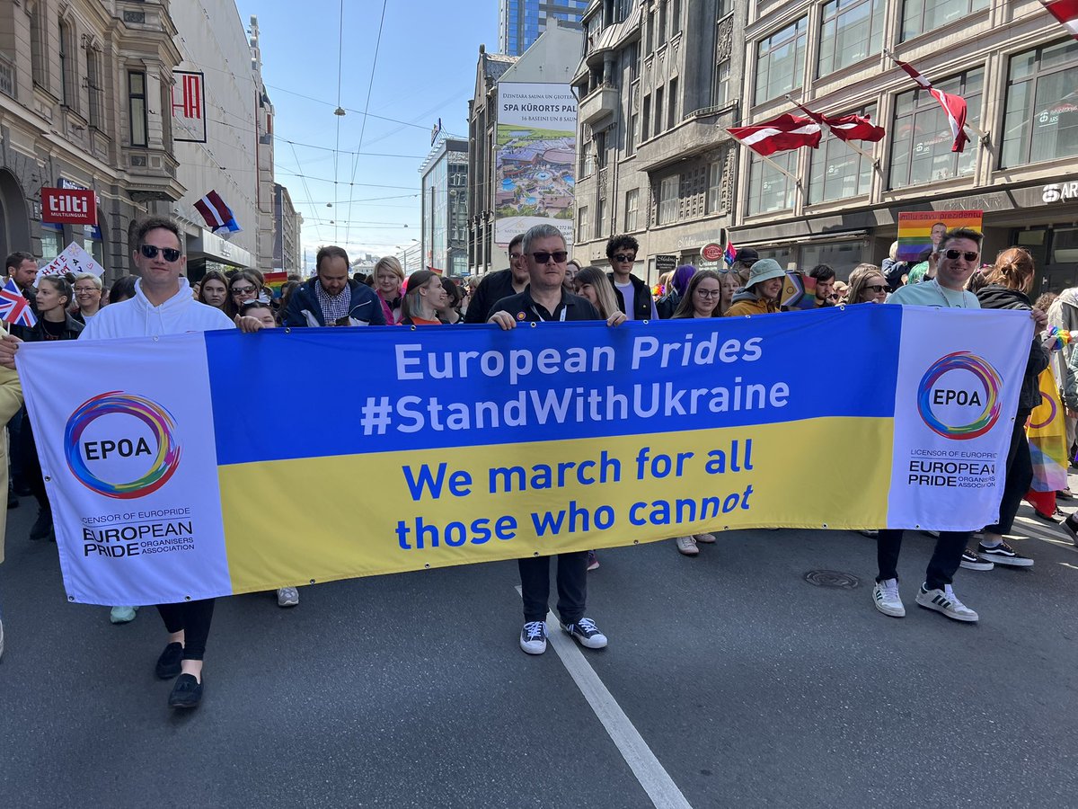 Today at @RigaPride our #StandWithUkraine banner was carried in the March. 🇱🇻❤️🇺🇦 #RigaPride