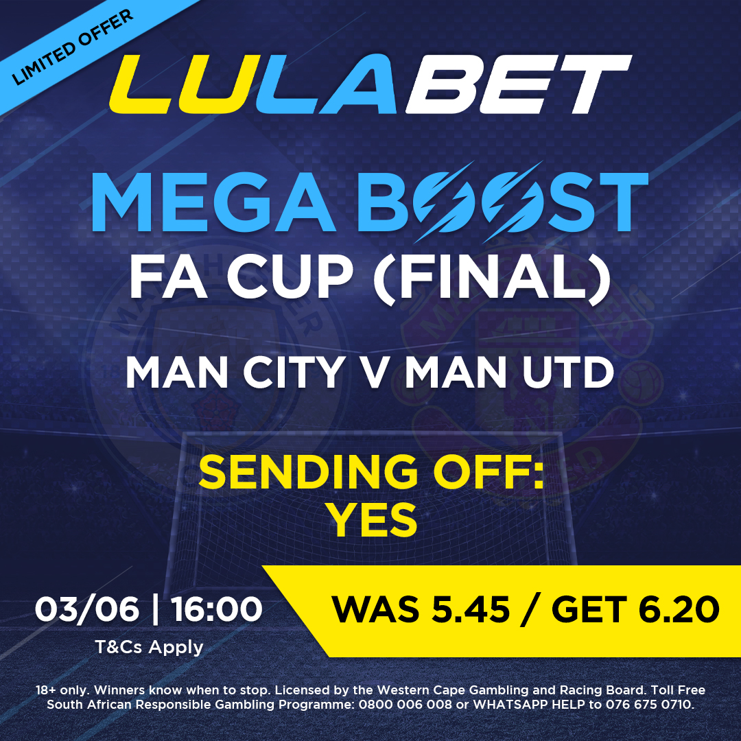LulaBetZA's tweet image. Derby Mega Boost 🔴🔵

The Manchester Derby takes centre stage for the FA Cup final, with both teams out for blood!

Mega Bet Boost: Sending Off – Yes at 6.20! 🚀

Bet Now: bit.ly/boost-mega

18+ T&amp;amp;Cs

#Priceboost #LulaBet #sportingbet #betway #sportsbetting #FaCupFinals