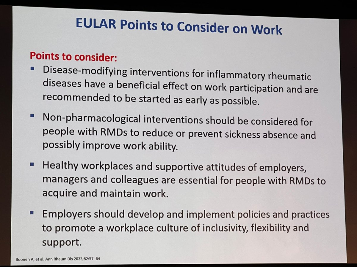 . @eular_org points to consider to support people with rheumatic and musculoskeletal diseases to participate in healthy and sustainable paid work.

ard.bmj.com/content/82/1/57

‼️A good work situation depends on a good collaboration between all stakeholders‼️

#EULAR2023