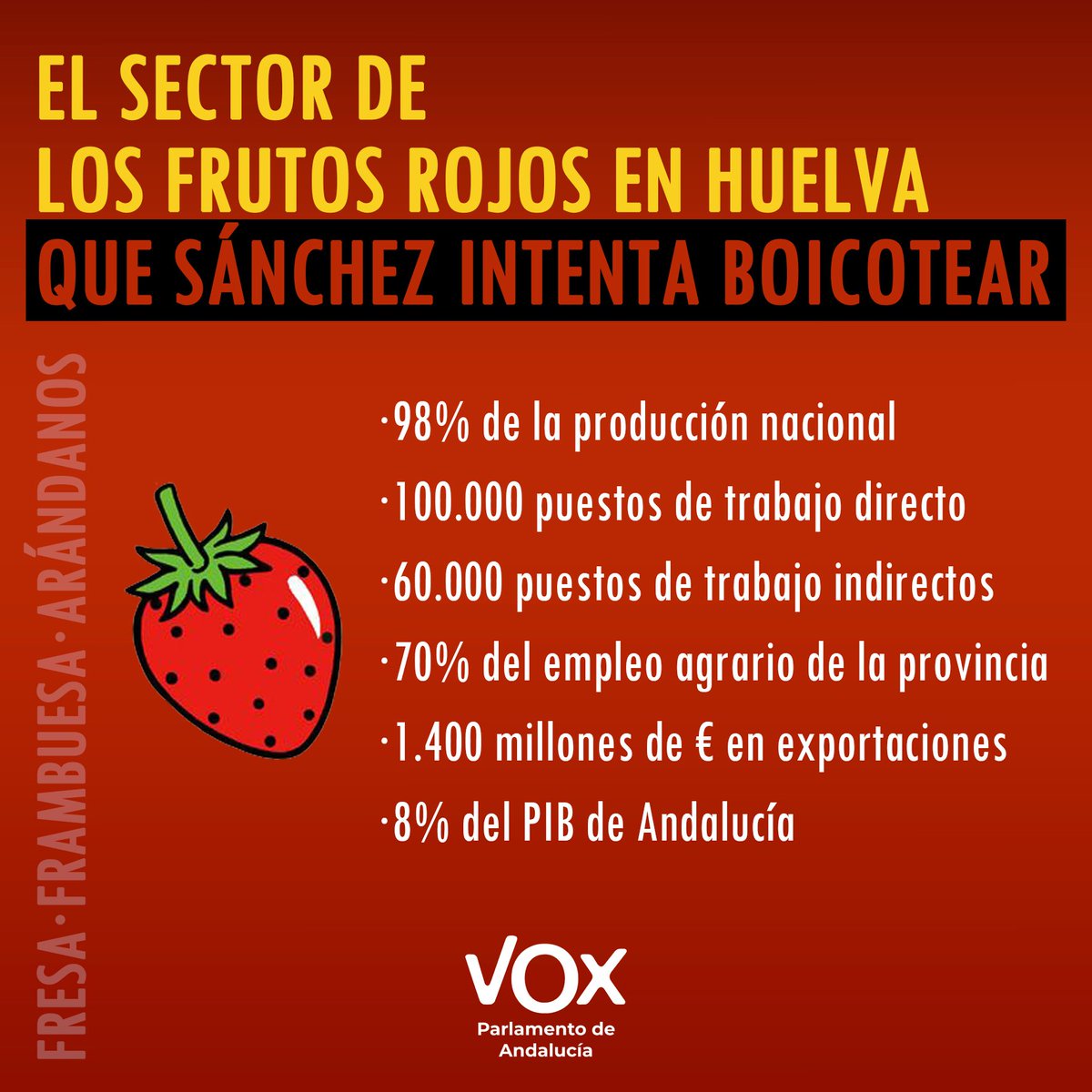 🍓 Esta es la importancia del sector de los frutos rojos en Huelva que Sánchez intenta boicotear.

#VOXConElCampo 🚜

⬇️⬇️⬇️