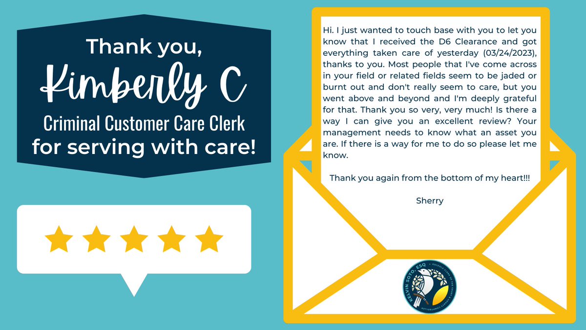 ClerkKelvinSoto's tweet image. We love sharing kudos! 👏
Thank you, Kimberly C., for serving with care! We value and appreciate the hard work each of our staff undertakes to serve our constituents every day!
#FLClerks #ServeWithCare #HowCanWeHelp