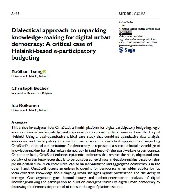 USJ_online's tweet photo. In their latest Open Access article, @YuShanTseng, Christoph Becker and Ida Roikonen investigate how the Finnish digital platform OmaStadi legitimises certain #UrbanKnowledge to receive public resources from the City of #Helsinki 
https://t.co/Ln1nT3qPmB https://t.co/otID9BIdEg