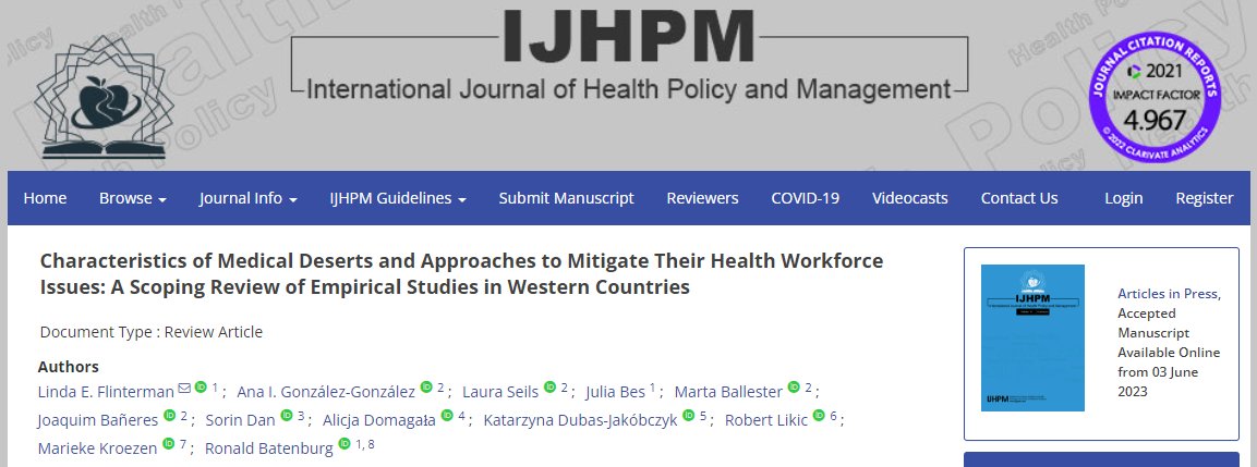 Finally out‼️ Characteristics of Medical Deserts and Approaches to Mitigate Their Health Workforce Issues: A Scoping Review of Empirical Studies in Western Countries  @IJHPM 

👉ijhpm.com/article_4458.h… 

 @EU_HaDEA  @Nivel_research @Inst_Donabedian @IZPwKrakowie @univaasa