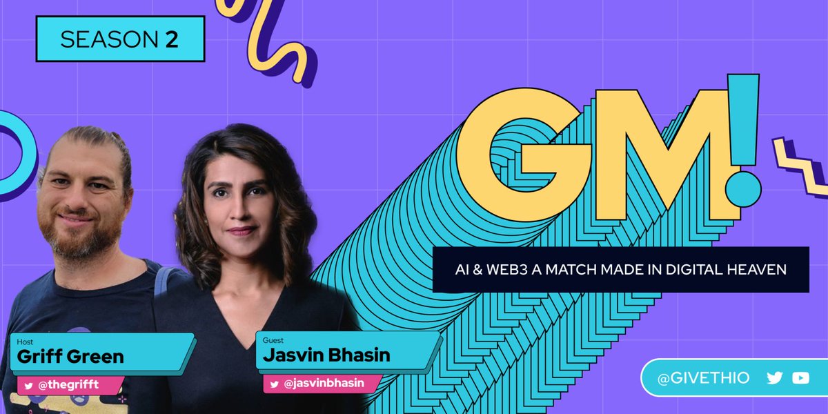 Giveth's tweet photo. Catch our new episode of 🌞GM!

Uncover the synergy between AI &amp; Web3, as @jasvinbhasin &amp; @griffgreen unpack why this combo is a match made in digital heaven! ☁️

Tune in on your favorite platform:

Youtube 👉🏼 https://t.co/XBEq2cg2mH 
Spotify 👉🏼 https://t.co/VR2qRRlGCR https://t.co/qa8XY9YFEv