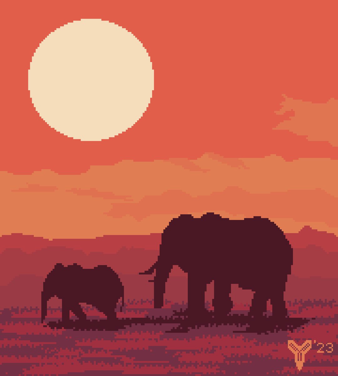 Don't be upset about the sunset. The sun will rise again for those after you.

#elephant #sunset #savannah #elephantfamily #babyelephant #pixelart #aseprite #pixelartist #art #16bitart #8bitart #pixaki #pixelartwork #digitalart #fanart #pixelaesthetics #ドット絵 #픽셀아트