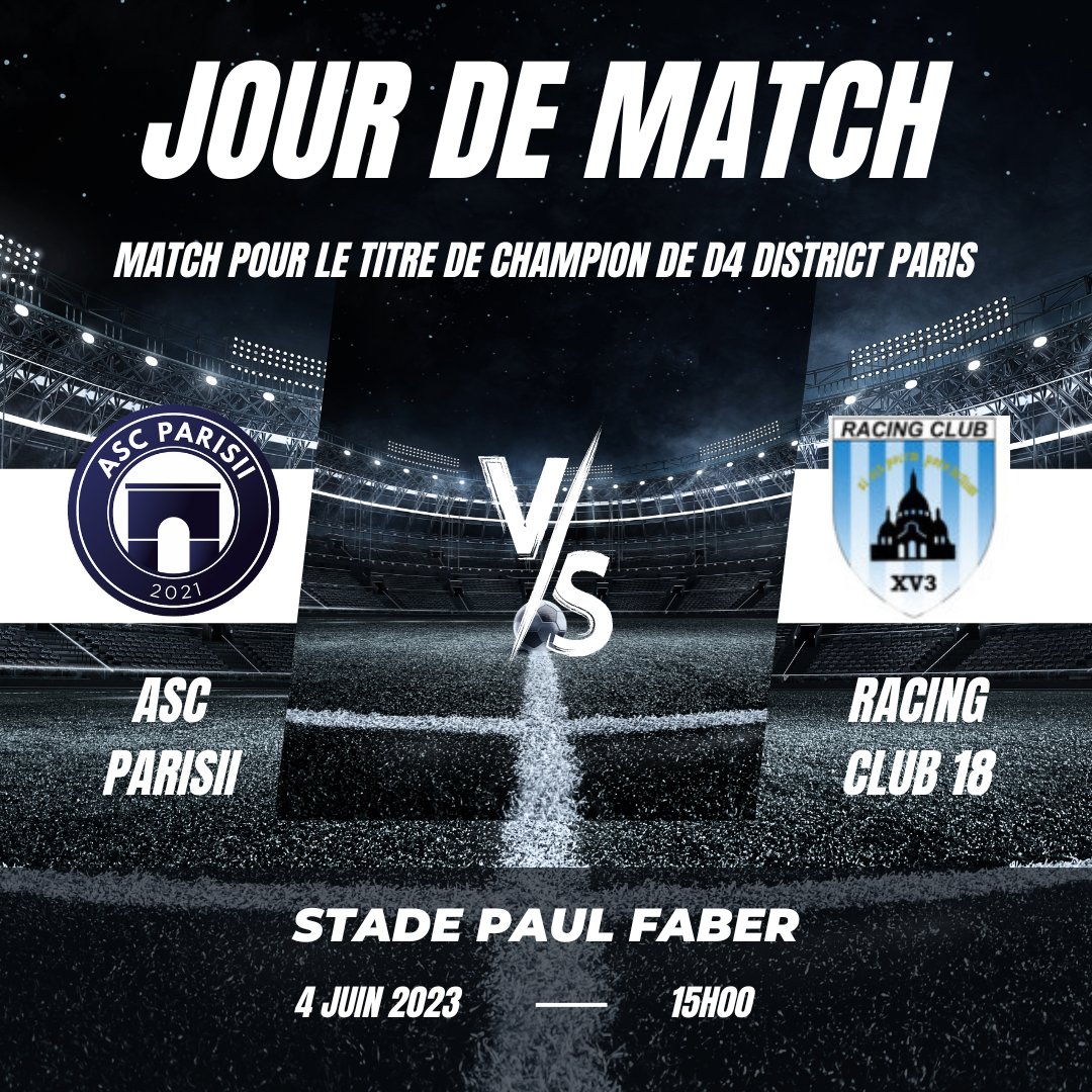 Clap de fin pour cette saison 2022-2023 de l'ASC Parisii.
Venez nombreux pour le match du titre face au Racing Club 18 ce dimanche à 15h à Paul Faber!
L'équation est simple, en cas de victoire nous serons promus en 3ème division. Plus que jamais nous avons besoin de vous.