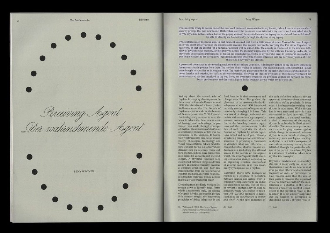 For issue 2 the artist, writer and filmmaker Beny Wagner wrote an essay about the role rhythm played in the arts and sciences in Europe around 1800, the difficulty of defining ‘rhythm’ and the perception of bodily rhythms by AI drawing on historical and contemporary references ⚫️