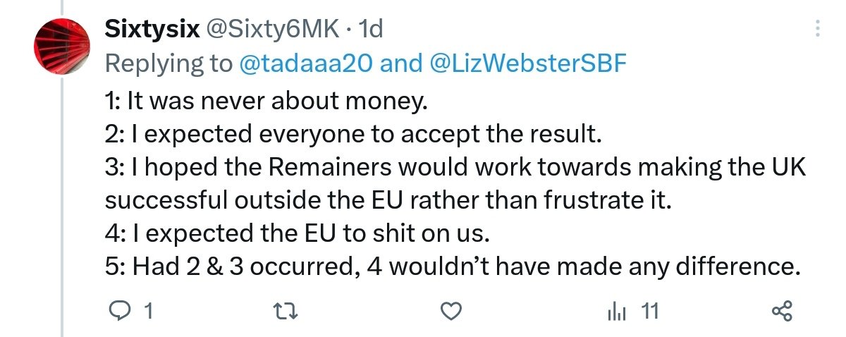 1. It was about racism.
2. Why the f*ck should we?
3. a) Why only Remainers? b) how did we frustrate it? c) what needs to be done to make it a success?
4. Your expectations were frustrated then, because they didn't.
5. Paranoid arse chutney.