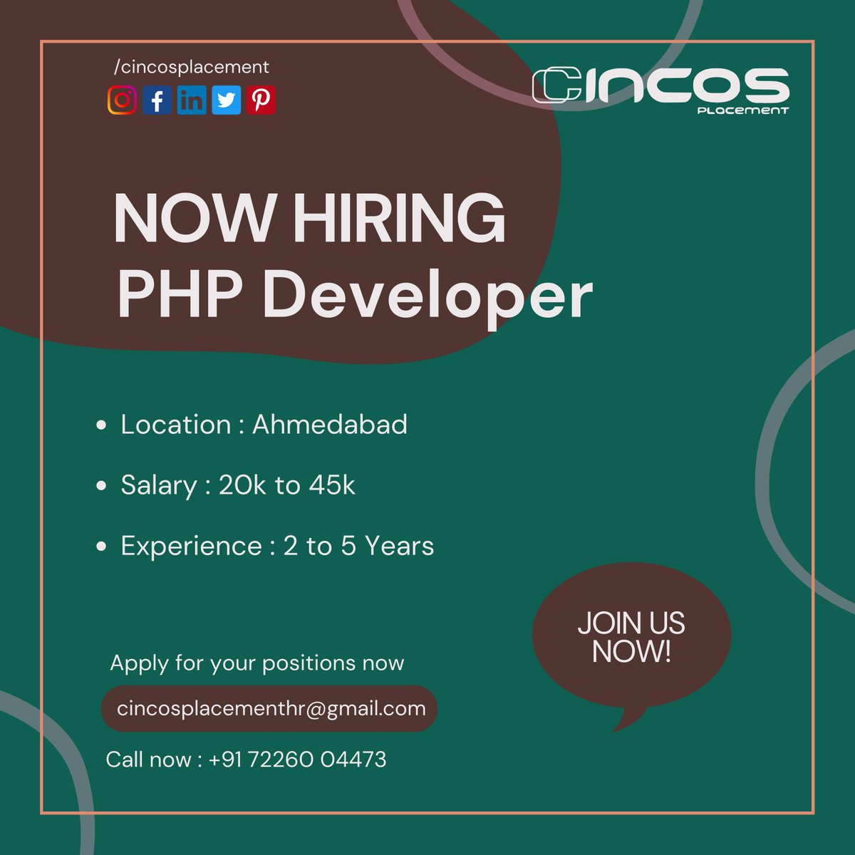 Build Dynamic Web Solutions as a PHP Developer with the Best Job Placement Services in Ahmedabad!

Call Now: +91 7226004473
Send CV to: cincosplacementhr@gmail.com

#PHPDeveloper #AhmedabadJobs #PlacementServicesInAhmedabad #JobPlacementConsultantInAhmedabad #Cincosplacement