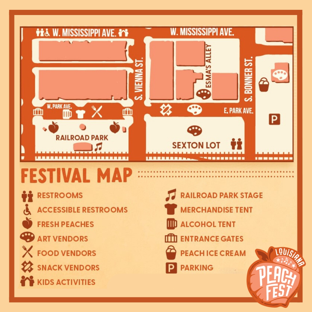 #DowntownRuston is the place to be today for the Louisiana Peach Festival! We have had a few changes this year so make sure to get an Official LA Peach Fest Guide at the front gates when you enter! Don't forget to use #LaPeachFest for all your fun photos!