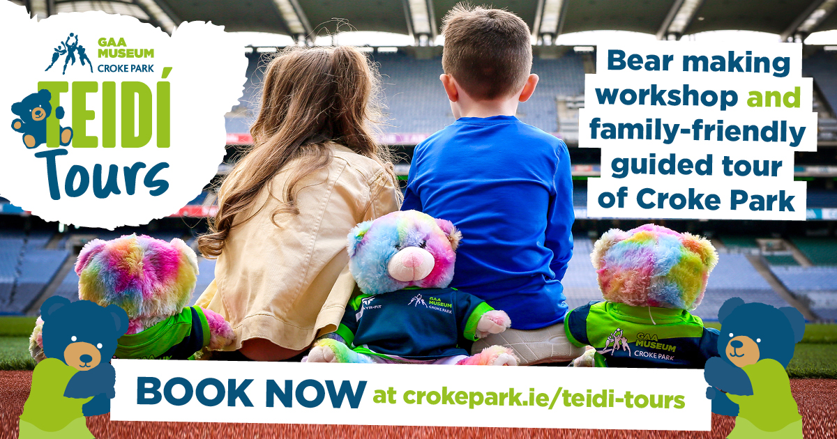 CrokePark's tweet photo. This June Bank Holiday Monday join us on our new Teidí Tours, a 'furry' exciting experience at the #GAAMuseum. Each child who visits will make their very own GAA Museum sports bear to take home! To book now and for more info please visit https://t.co/ckdK3vzLOK https://t.co/ALIgdZzxQ7
