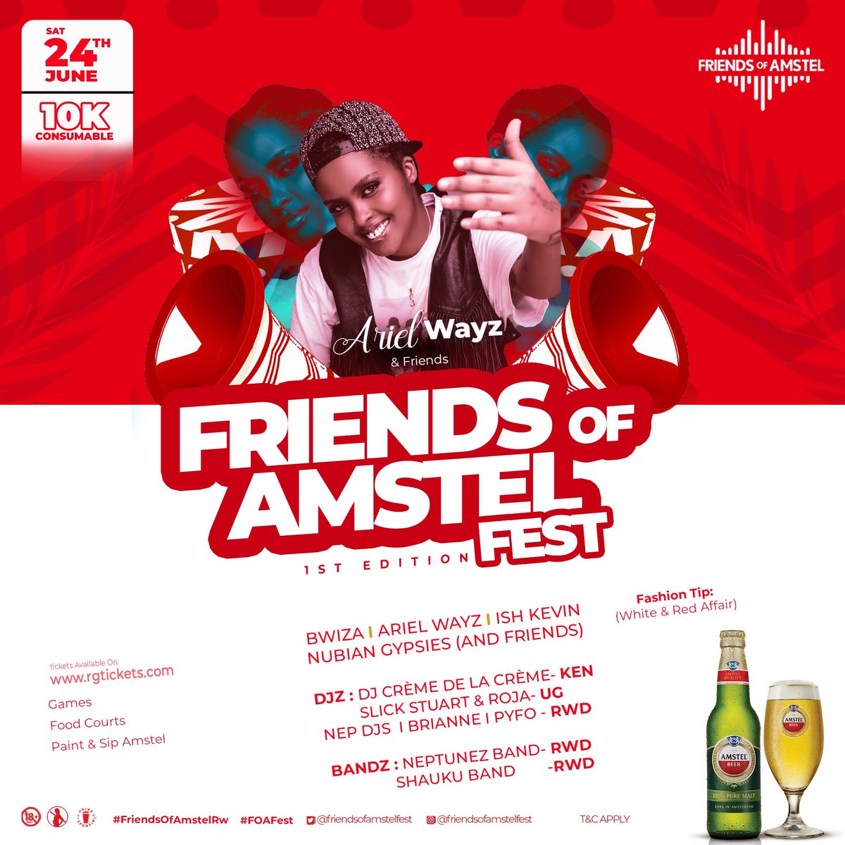 PowerFMRwanda's tweet photo. A.D: Get ready to rock at the #FOAFest! Sing your heart out in a short video, tag @Friendsofamstel, and you could win tickets to the ultimate #FriendsOfAmstelFest.
Join the fun on Sat, June 24th, and save the date for an unforgettable experience with #Amstel https://t.co/uHIOkHtC0E