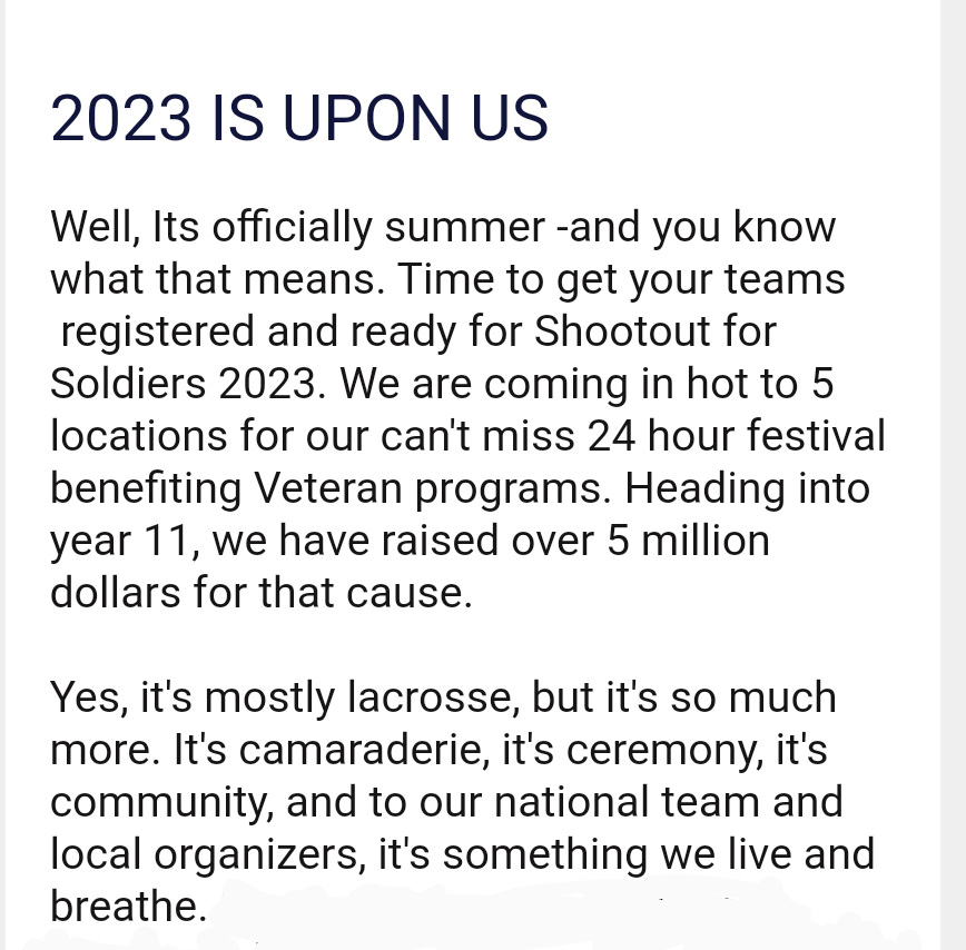 Shootout for Soldiers Canandaigua is just around the corner and we certainly are far more than just lacrosse at our event. Come on down and check us out.  🇺🇲🥍

While you are at it, please help our veterans by donating a little.

***DONATE HERE***

runsignup.com/SeniorChiefCro…
