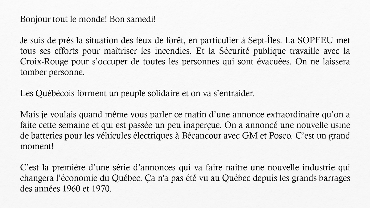 francoislegault's tweet photo. Ce matin, je suis de près la situation des feux de forêt, en particulier à Sept-Îles, mais je voulais quand même vous parler d’une annonce extraordinaire qu’on a faite cette semaine. https://t.co/7tzwUHkCTZ